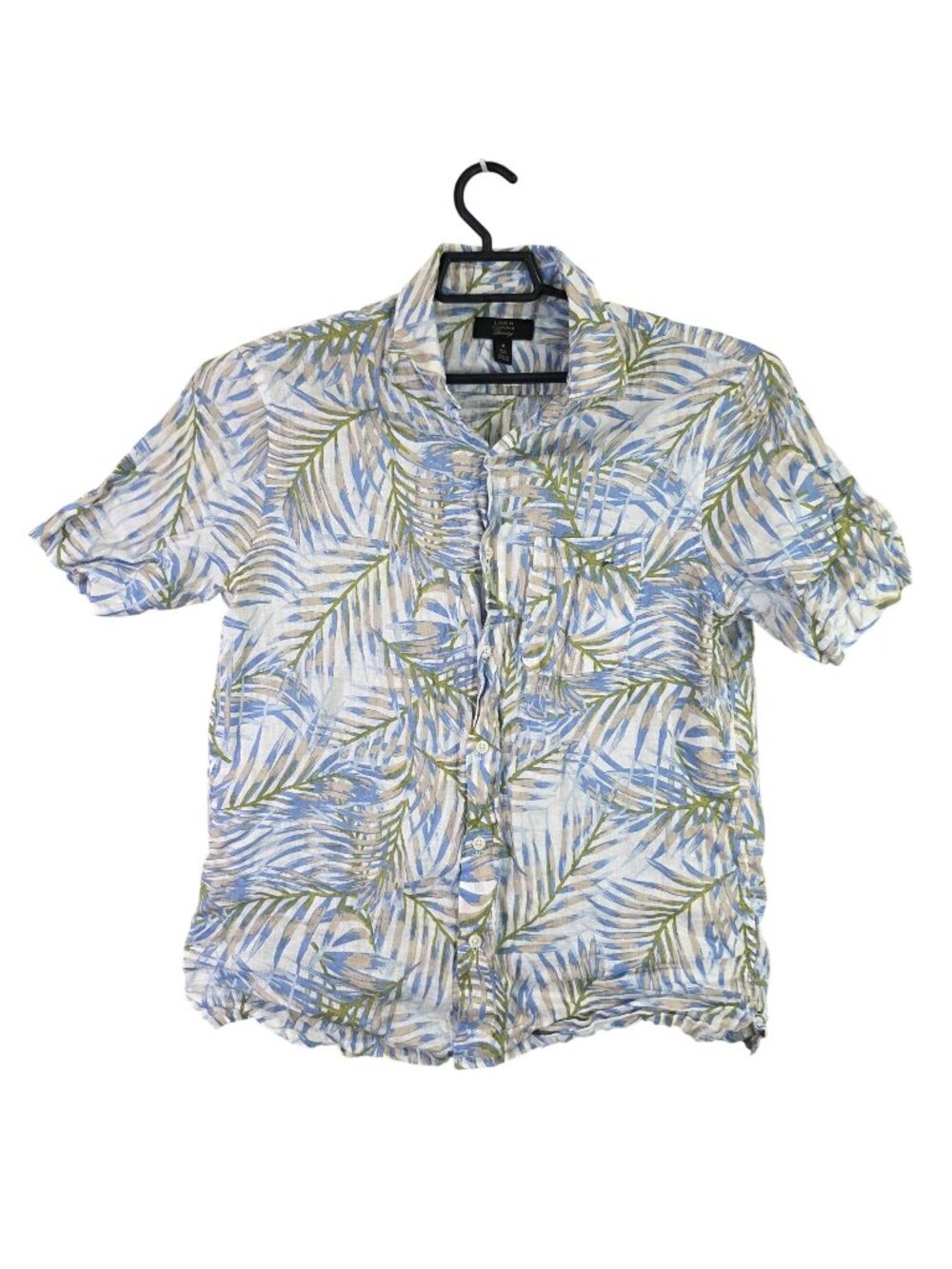 Mens Club Room Luxury Blue Beige Tropical Linen Button Up Shirt Short Sleeve M